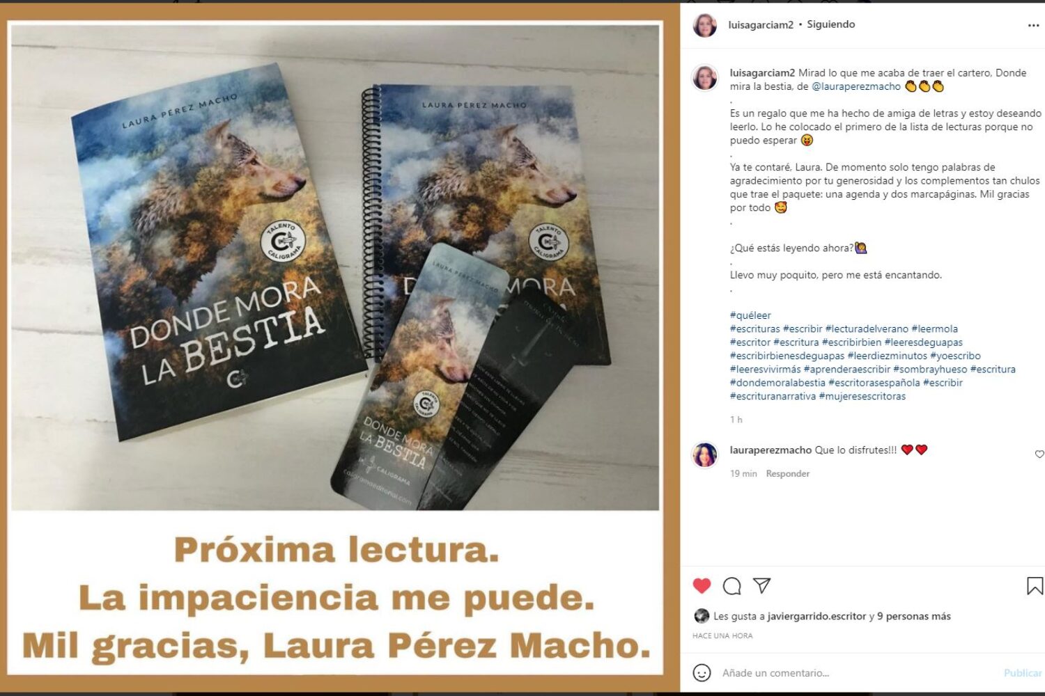 Story the Luisa al recibir libro, agenda y marcapáginas