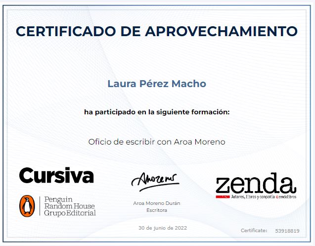 Certificado del curso Oficio de escritor con Aroa Moreno